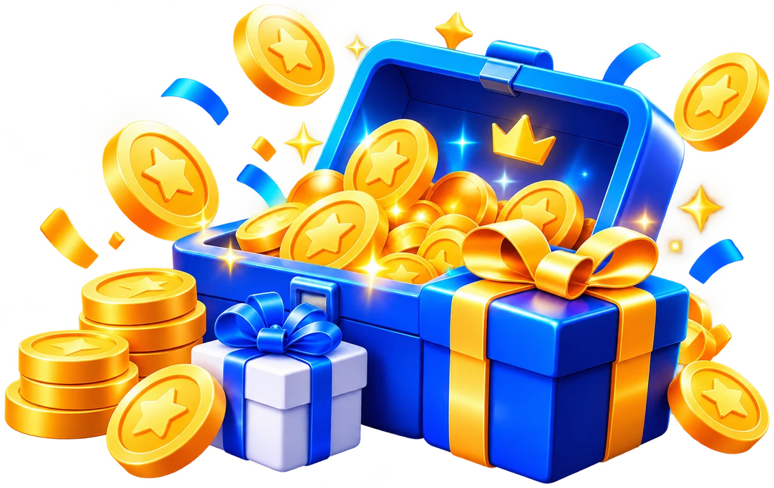 Open treasure chest full of coins with gift boxes