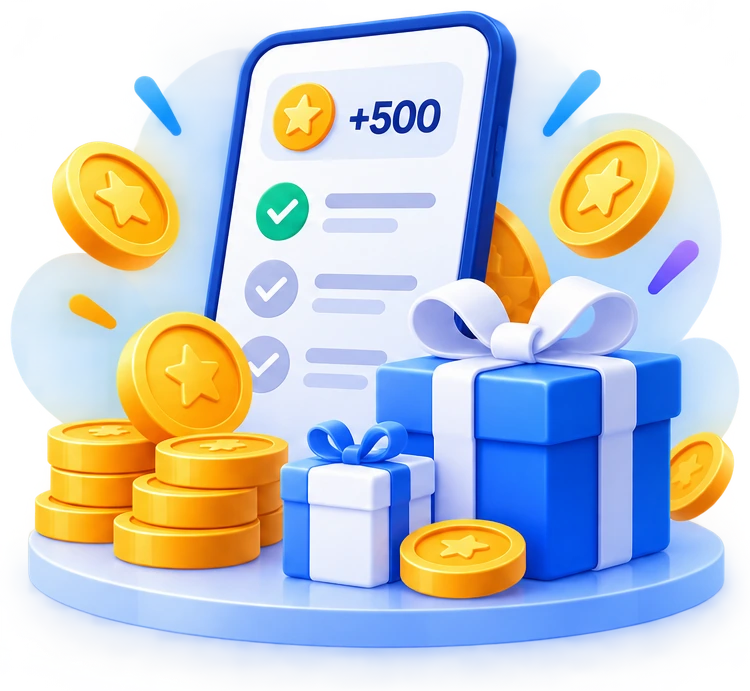 Phone showing +500 points with coins and gift boxes